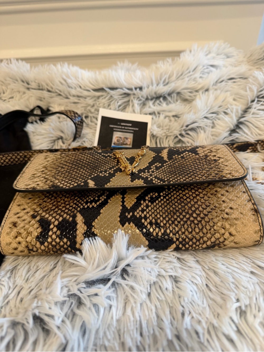 Versace Snake-Embossed Shoulder Bag in Tan & Black with Gold V